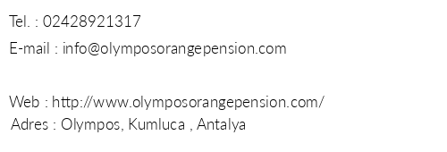 Olympos Orange Pansiyon telefon numaralar, faks, e-mail, posta adresi ve iletiim bilgileri